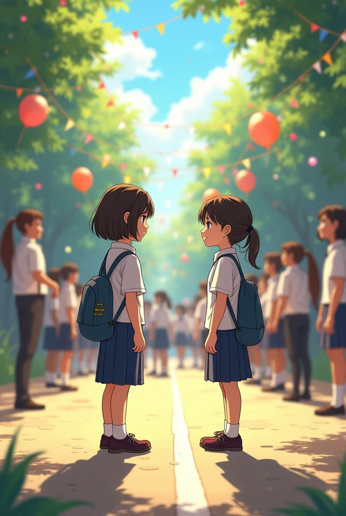 It shows a school anniversary and two children of the same talking further apart.