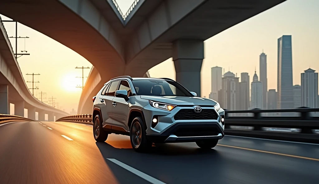 Toyota rav4 with a very bright headlight under a fly over at dawn in a cityscape