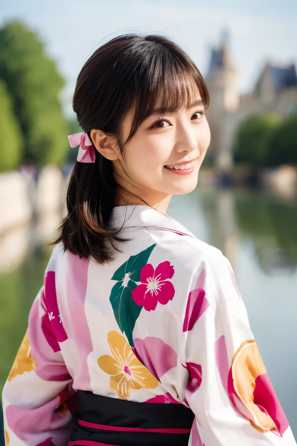 1 person, (Wearing a cute pink yukata.:1.2), Very beautiful Japanese idol portraits, (Young Face),
(RAW Photos, Highest quality), (Realistic, Realistic:1.4), (masterpiece), 
Very delicate and beautiful, Very detailed, 2k wallpaper, wonderful, finely, Very detailed CG Unity 8k 壁紙, Very detailed, High resolution, Soft Light, 
Beautiful details, Very detailed目と顔, Beautiful and sophisticated nose, Beautiful and beautiful eyes, Cinema Lighting, 
(Commemorative photo at the Loire Castle:1.3), 
(Japanese hairstyle), (Tie your hair at the back:1.3), (bangs), (hairpin), 
Complete Anatomy, Slender body, Small breasts, smile