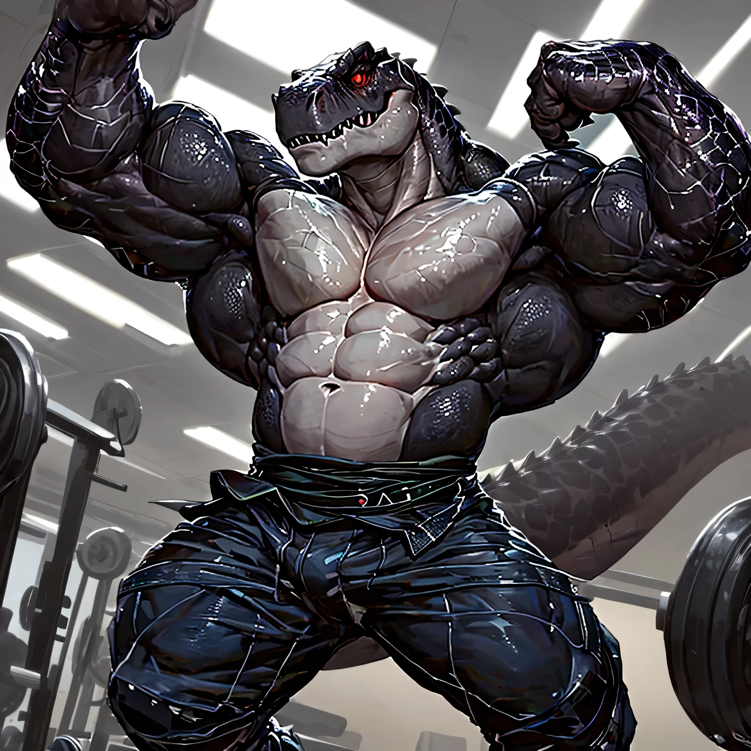 solo, anthro, male, T-Rex, ((Ultra detailed muscles)), (T-Rex print), black scales, white belly, short spiny scales, Front Double Biceps Pose, bodyguard outfit, black claws, red eyes, slit eyes, slim fit, muscular slim, gym , menacing, sexy, handsome, detailed red slit eyes, pecs, tail, hind leg, looking forward, (Masterpiece, by null-ghost, hi-res, 8k), black military outfit, tight black shirt, black camo pants, forward pov,