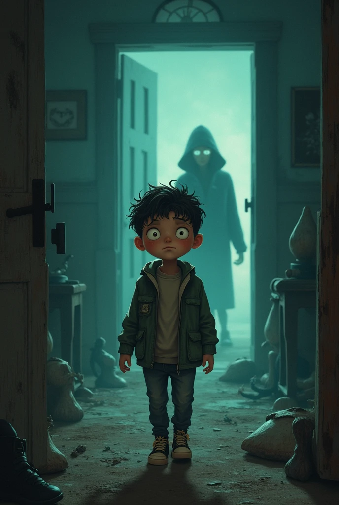 A boy following the stranger , entering a mysterious room with a puzzled expression