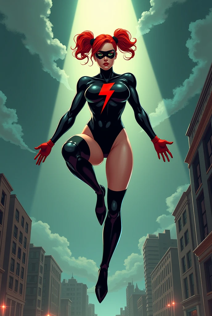  Night is a supervillain with bright red hair in puffy pigtails, green eyes, long lashes, freckles, and a strong jaw, she wears a black leotard with long sleeves and a red lightning bolt on her chest, long black boots and long red gloves, and a black domino mask, bare legs. She has a muscular but feminine physique exuding great strength as well as beauty. show her hovering upright in mid air with her feet off the ground and her hands on her hips in a confident pose, straight back chest puffed, looking down at the camera with a serious expression, with a full body view. Her hands are on her hips, her hips and thighs are bare. The background is a city scape, she descends feet first from the air. the lighting is volumetric with a beam of sunlight illuminating her. use a dramatic comic book style with rich detail