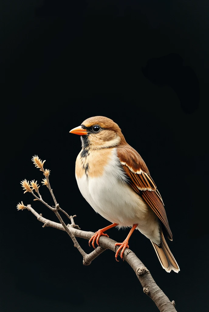 naturalistic art, sparrow, vintage drawing, watercolor, black background