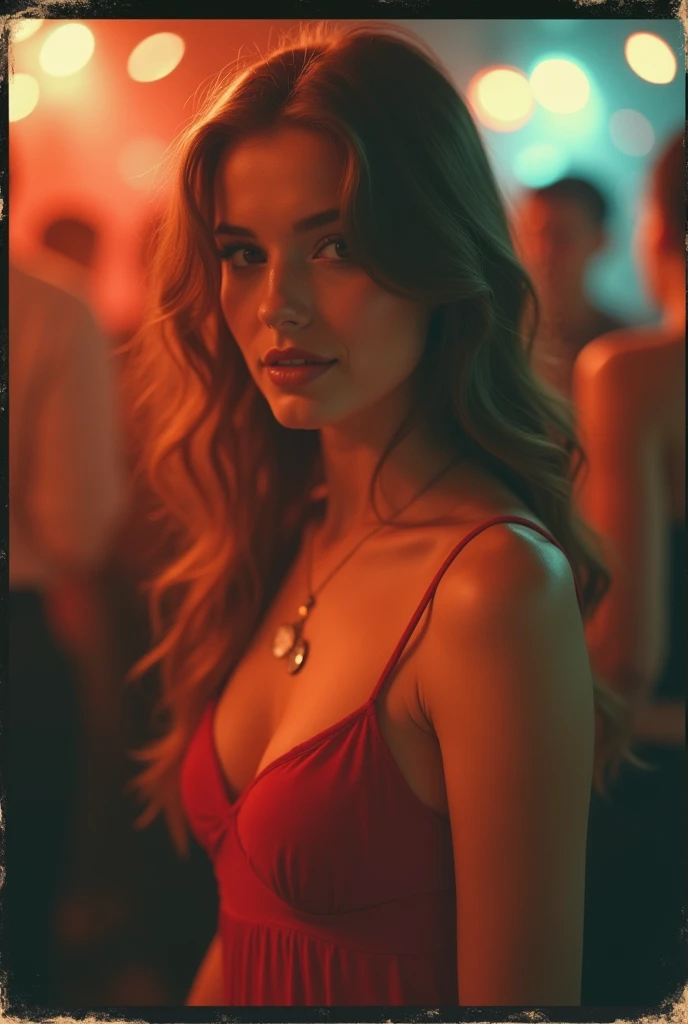 polaroid photo, night photo, smiling shyly, in party bar, photo of (: 1,5) cute slim Slavic woman, pale skin, bokeh, suggestive red dress, motion blur