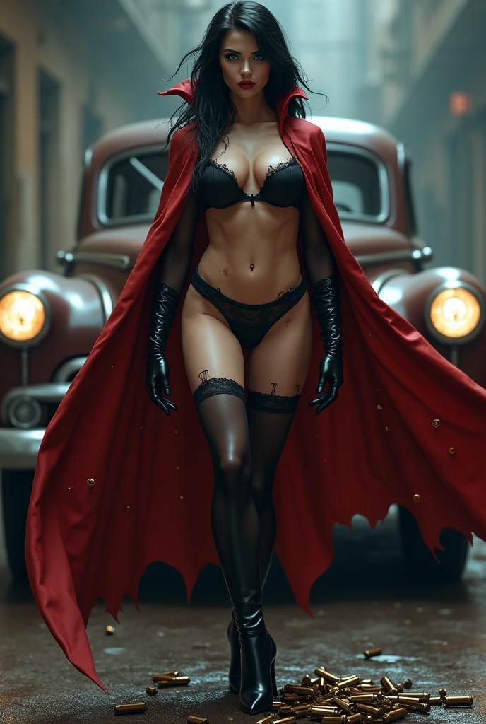 Sexy girl lingerie short black hair blue eyes big bib butts muscled stockings boots undead vampire lifts a gangster with super strength above her head smiling with fangs her whole body is full of bullet holes that are crushed against her impenetrable steel skin and the bullets fall to the ground deformed she has a long red cape completely riddled with bullets