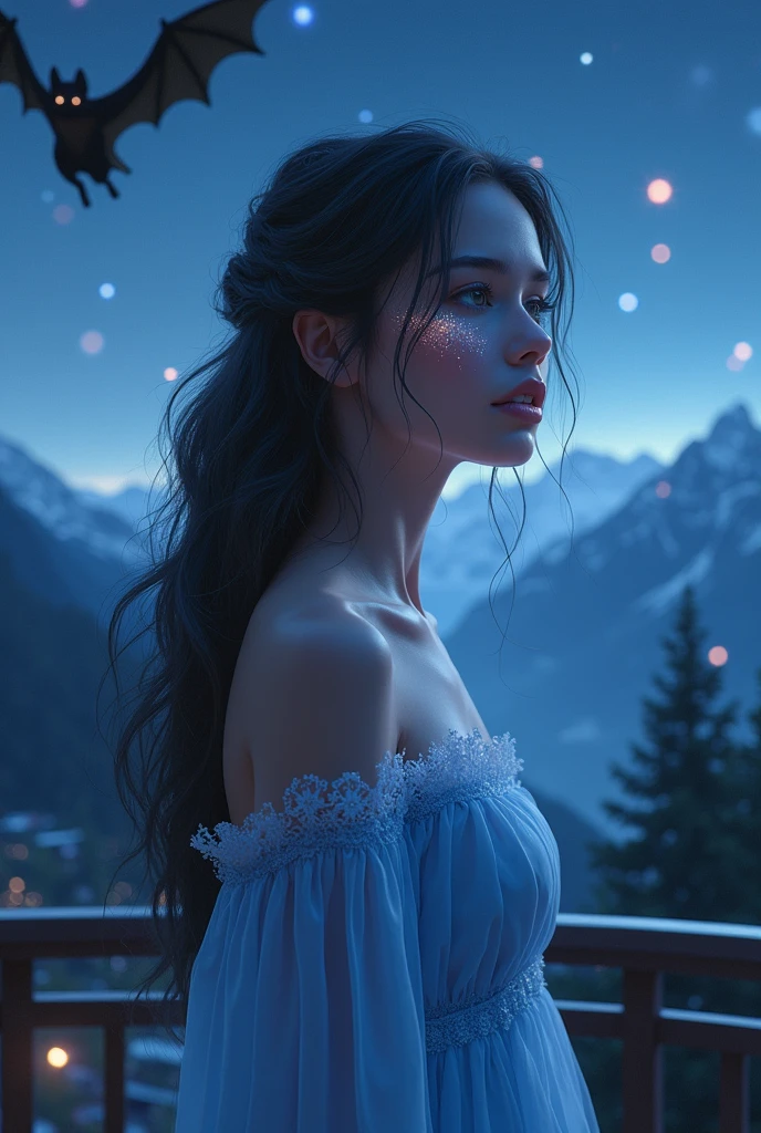 an extremely beautiful woman, tender, full lips, small nose, grayish eyes, sparkles on the face, lip gloss, phosphorescent light, Blue dress, on a balcony at night, meteor shower, mountains of switzerland, a man with bat wings and a baby bat with bat wings flying behind