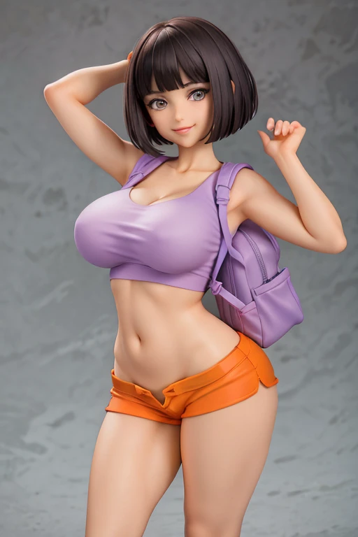 Figure, Dora, sexy pose, big breasts, curvy, smile, bob haircut, purple crop top, orange mini shorts, purple backpack