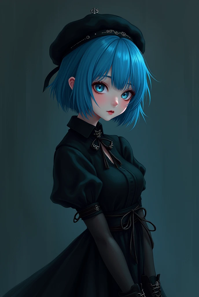 blue hair girl, black beret, short black dress stockings and gothic boots, White skin