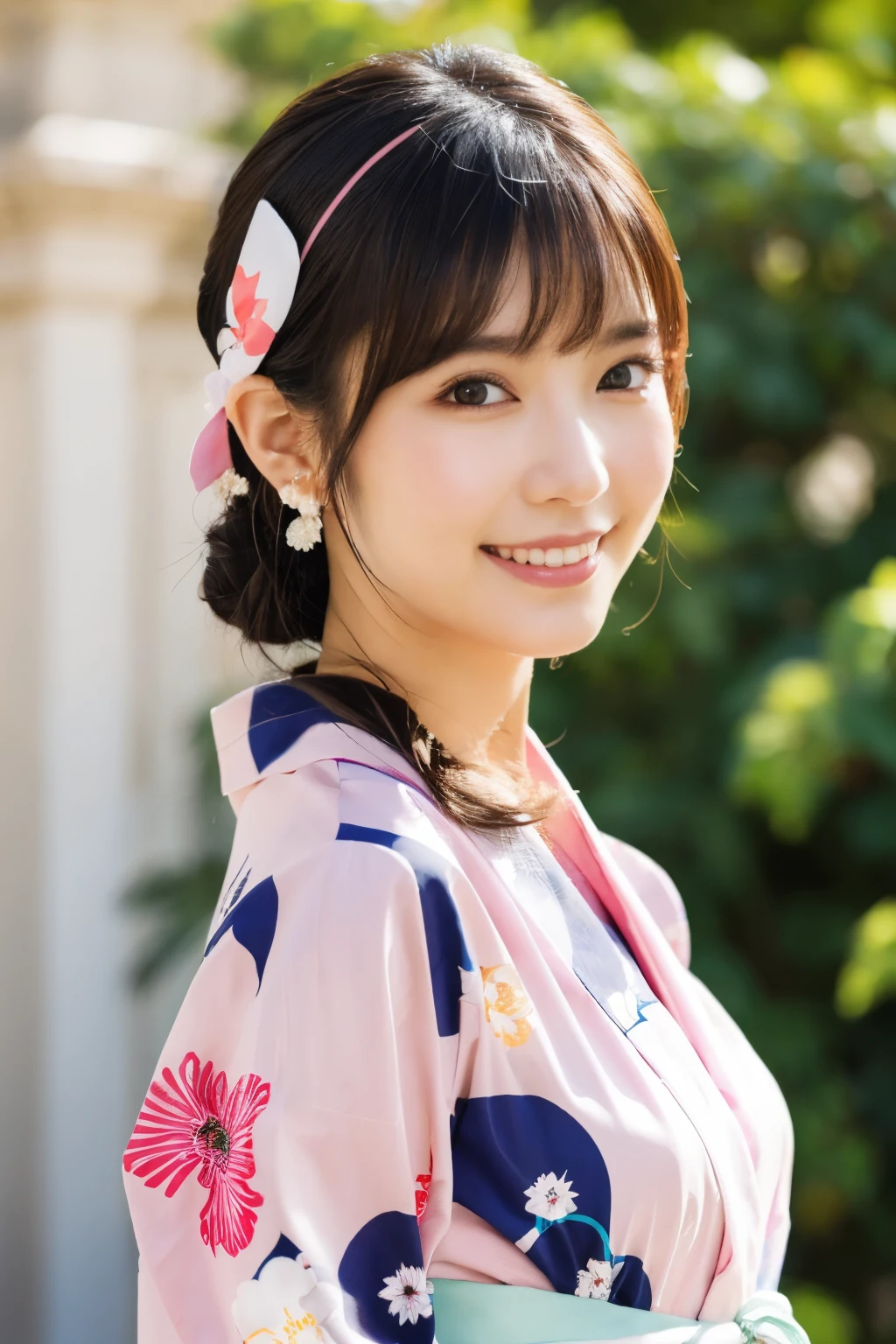 1 person, (Wearing a cute pink yukata.:1.2), Very beautiful Japanese idol portraits, (Young Face),
(RAW Photos, Highest quality), (Realistic, Realistic:1.4), (masterpiece), 
Very delicate and beautiful, Very detailed, 2k wallpaper, wonderful, finely, Very detailed CG Unity 8k 壁紙, Very detailed, High resolution, Soft Light, 
Beautiful details, Very detailed目と顔, Beautiful and sophisticated nose, Beautiful and beautiful eyes, Cinema Lighting, 
(Commemorative photo at the Loire Castle:1.3), 
(Japanese hairstyle), (Tie your hair at the back:1.3), (bangs), (hairpin), 
Complete Anatomy, Slender body, Small breasts, smile