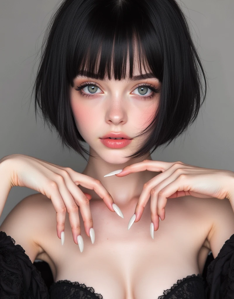 RAW photo, best quality, masterpiece, photorealistic, Polish girl, 20 years old, black hair, Light grey eyes, short bob cut, hair in 7 thirds, hair over one ear, Symmetrical eyes, pale skin, Big Breasts, rip gloss, Gel Nails, Various poses, Accessories, various poses,