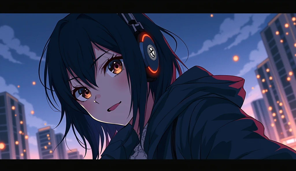 Anime character genre:Woman&#39;s skin:Gray Hair: Black background:Posing with the night city as a backdrop:Outfit with mischievous eyes and waving:Black jacket, half of the character&#39;s body is visible, making him look bigger than the city, brown eyes ,Headphones