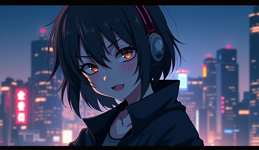 Anime character genre:Woman&#39;s skin:Gray Hair: Black background:Posing with the night city as a backdrop:Outfit with mischievous eyes and waving:Black jacket, half of the character&#39;s body is visible, making him look bigger than the city, brown eyes ,Headphones