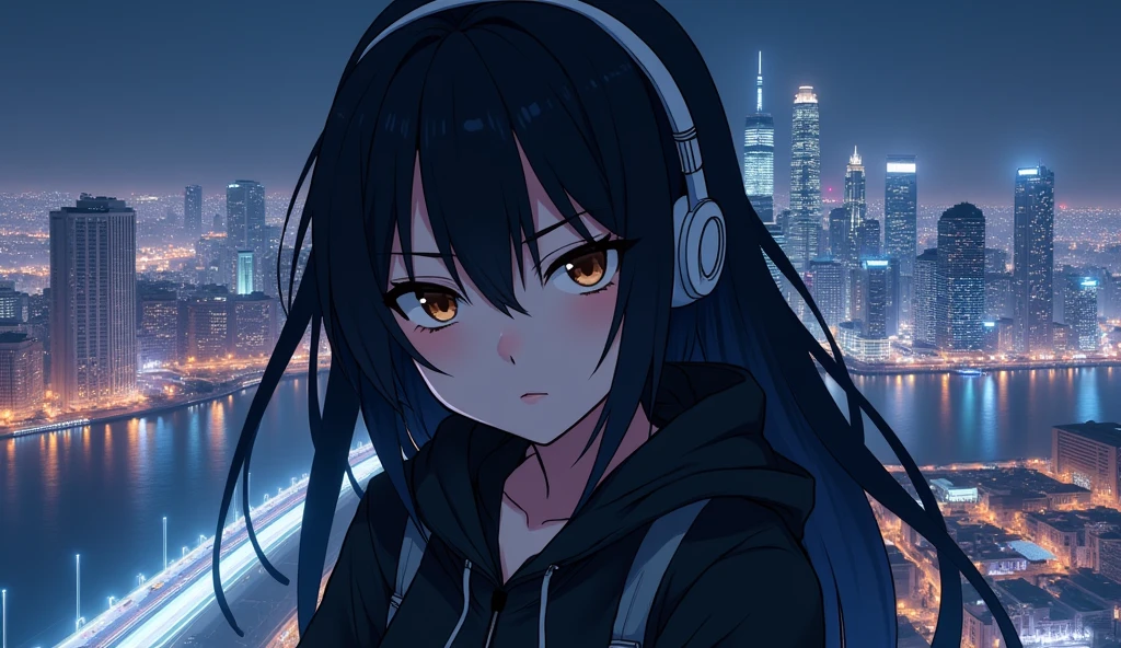 Anime character genre:Woman&#39;s skin:Gray Hair: Black background:Posing with the night city as a backdrop:Outfit with mischievous eyes and waving:Black jacket, half of the character&#39;s body is visible, making him look bigger than the city, brown eyes ,Headphones