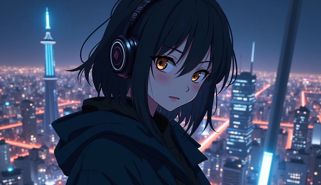 Anime character genre:Woman's skin:Gray Hair: Black background:Posing with the night city as a backdrop:Outfit with mischievous eyes and waving:Black jacket, half of the character's body is visible, making him look bigger than the city, brown eyes ,Headphones