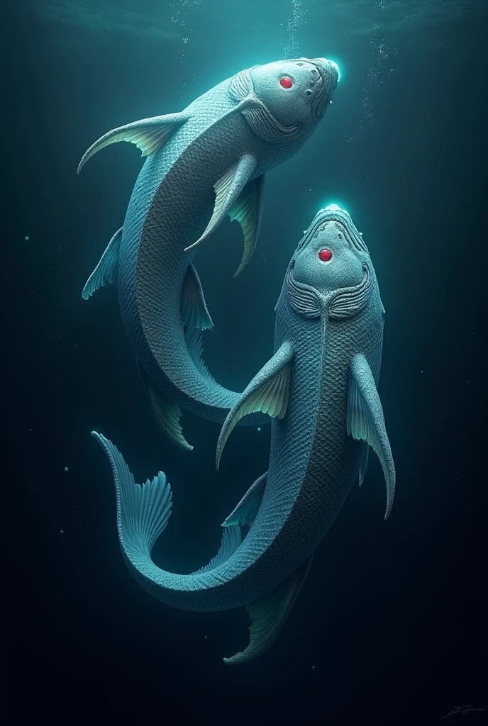 Two ancient galaxie fish glowing unside of an dark ocean