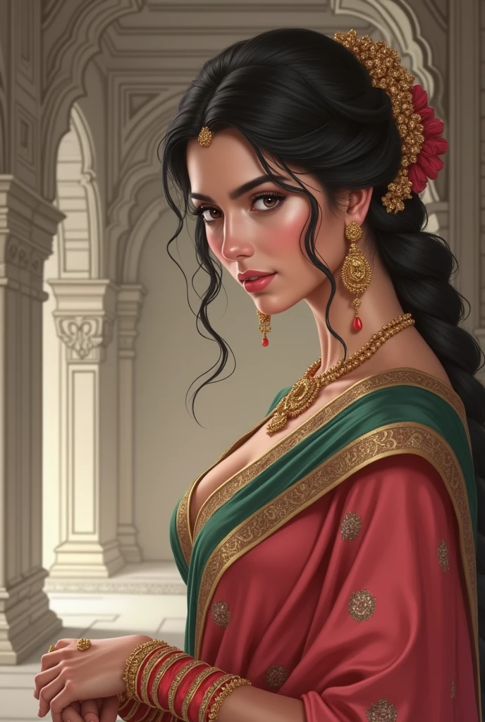 best quality,highres,realistic:1.37)india's most beautiful lady,digital art wonders,princesscore,realistic historical fiction,charming detailed eyes and lips,fierce expression,historical attire,richly embroidered clothing,gold jewelry,dark wavy hair cascading down her back,flowing colorful silk saree,ornate palace in the background,historical architecture,detailed hand gestures,light amber candlelight,soft shadows and highlights,delicate facial features,meticulous attention to detail,subtle nuances of emotion,depth and richness in colors,expressive eyes that convey a sense of longing and strength,royal elegance and regal pose,graceful and confident stance,traditional henna patterns on her hands and feet,dusky complexion that glows in the warm light,realism with a touch of fantasy,impressive artistry,digital brushstrokes,soft and dreamlike ambiance,ethereal beauty,rich cultural heritage,indian independence day and folklore blended with contemporary digital techniques,masterpiece painting,pristine skin complexion,gorgeous traditional makeup,ornamental hair accessories,vibrant colors with a touch of darkness,dark white and light amber color palette,evocative and captivating art that tells a story,attention to historical accuracy while adding a touch of imagination,detailed background with architectural elements and intricate designs,deep emotional connection with the viewer.,big breasts, earrings