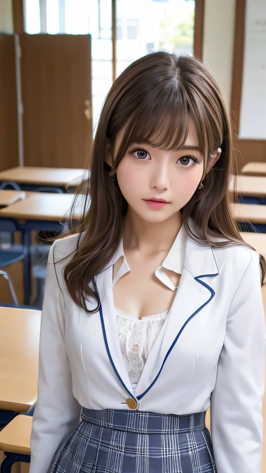 Highest quality、Realistic、、Japanese、zoom、cute、classroom、Grey Eyes、Light brown hair、Bob Hair、Off-white blazer、White blouse、ribbon、Blue Check Pleated Skirt、Face close-up、thin、Small breasts、Pouting、