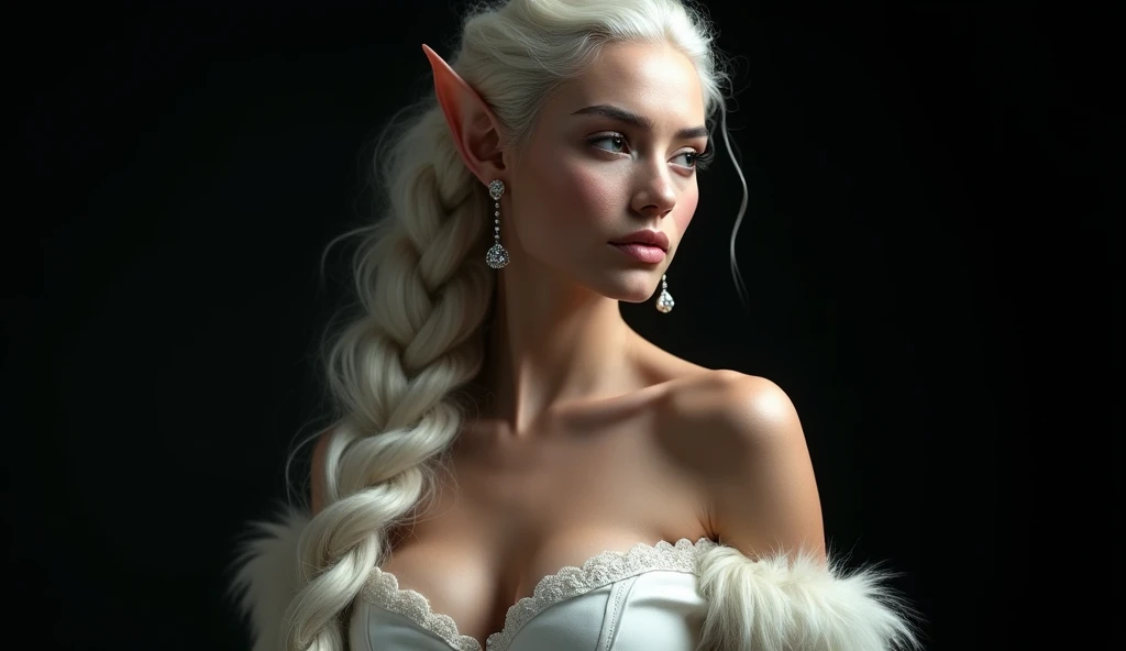 HYBRID FACE BETWEEN CLAUDIA SCHIFFER AND GISELE BUNDCHEN , BUST IMAGE STYLE, STUDIO IMAGE STYLE, BLACK INFINITE BACKGROUND, DIFFUSED LIGHTS ON FACE, STRONG BACK LIGHTS, CLOSE FACE SHOT, PLATINUM LONG HAIR, HUGE STRAIGHT LONG HAIR, BRAID HAIR STYLE, PLATINUM EYEBROWS, VERY PALE SKIN, ELF WOMEN, TOLKIEN MITHOLOGY, EXPOSED TIP EARS, HIGH CHEEKBONES, ROSY CHEEKS, GORGEOUS LIPS, SOFT LIPSTICK, GORGEOUS CURVY BODY, SOFT MUSCLES, VOLUMOUS BREASTS, STRAPLESS CLEAVAGE, WHITE VICTORIAN DRESS, ENIGMATIC FACE EXPRESSION, SIDE FACE VIEW, EYES LOOKING TO THE SIDE, TOLKIEN MITHOLOGY, HIGH QUALITY IMAGE, MASTERPIECE, 8K