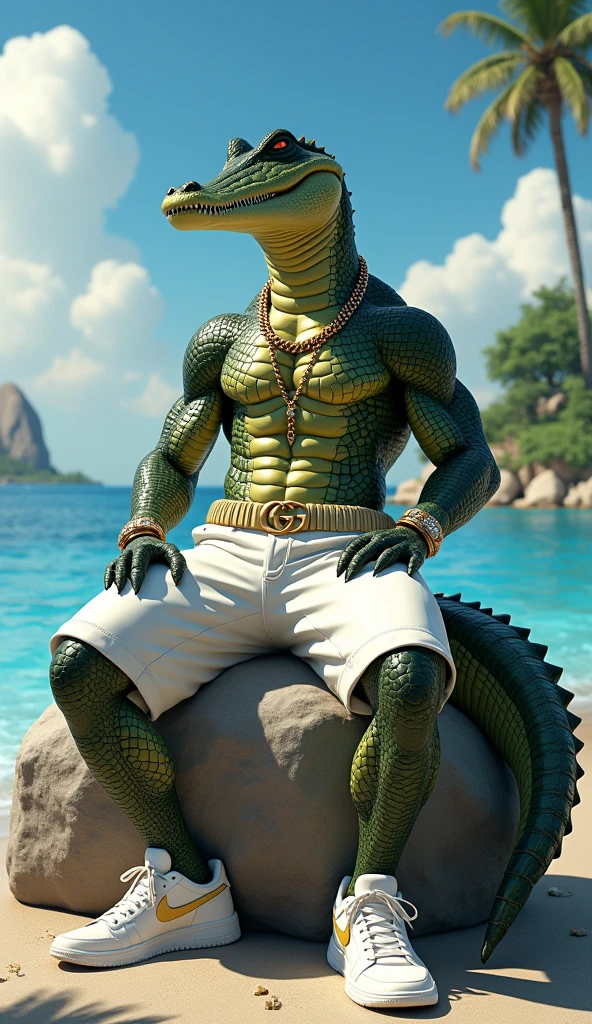 A muscular crocodile with a detailed and human-like head sits confidently on a large rock in the ocean.   He wears white shorts, a gold belt with a gold Gucci logo and trendy white sneakers.   A gold necklace was worn around his neck, and he had several rings on his wrist.   The backdrop features luxurious oceans and islands under a clear blue sky that provides a refreshing and serene feeling.