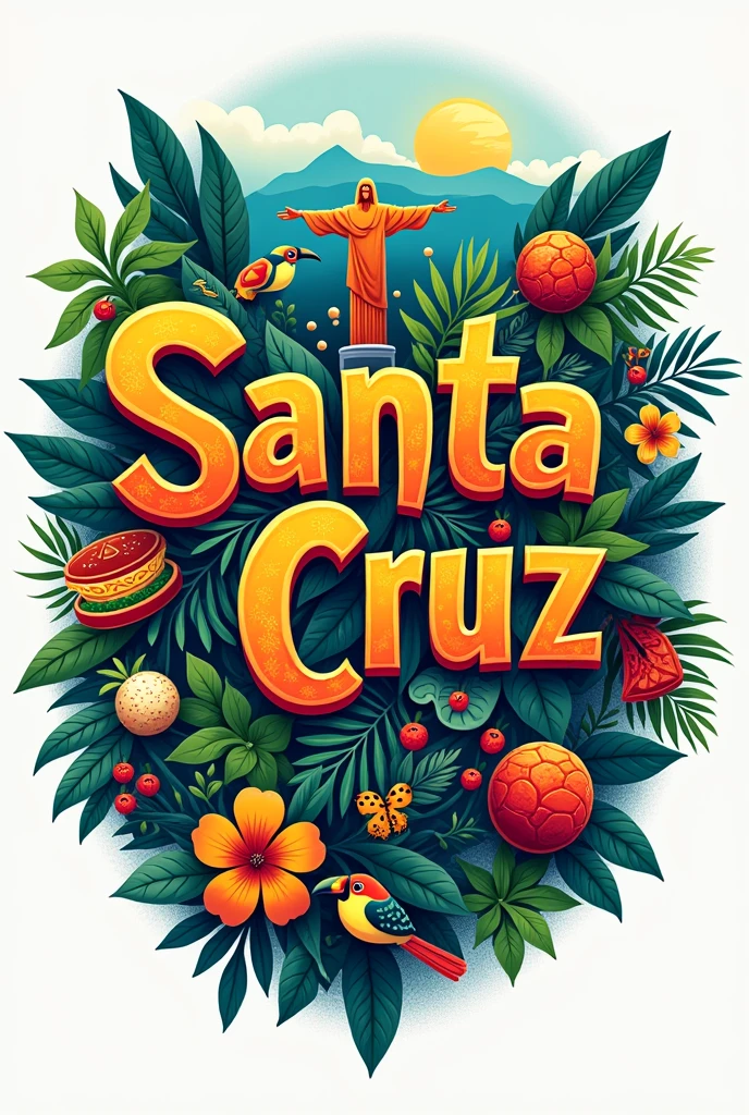 Logo inspired by Santa Cruz- Bolivia with characteristic things from Santa Cruz, food, bailes, Flora and fauna, exotic animals, and tourist places in Santa Cruz- Bolivia, with typography that says Santa Cruz  