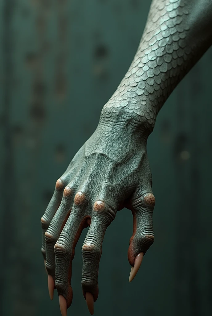 Female's hand is slightly streched and scales grow instead of skin. Color does not change. Hand also has swim membranes between each finger and sickle shaped claws instead of fingernails.