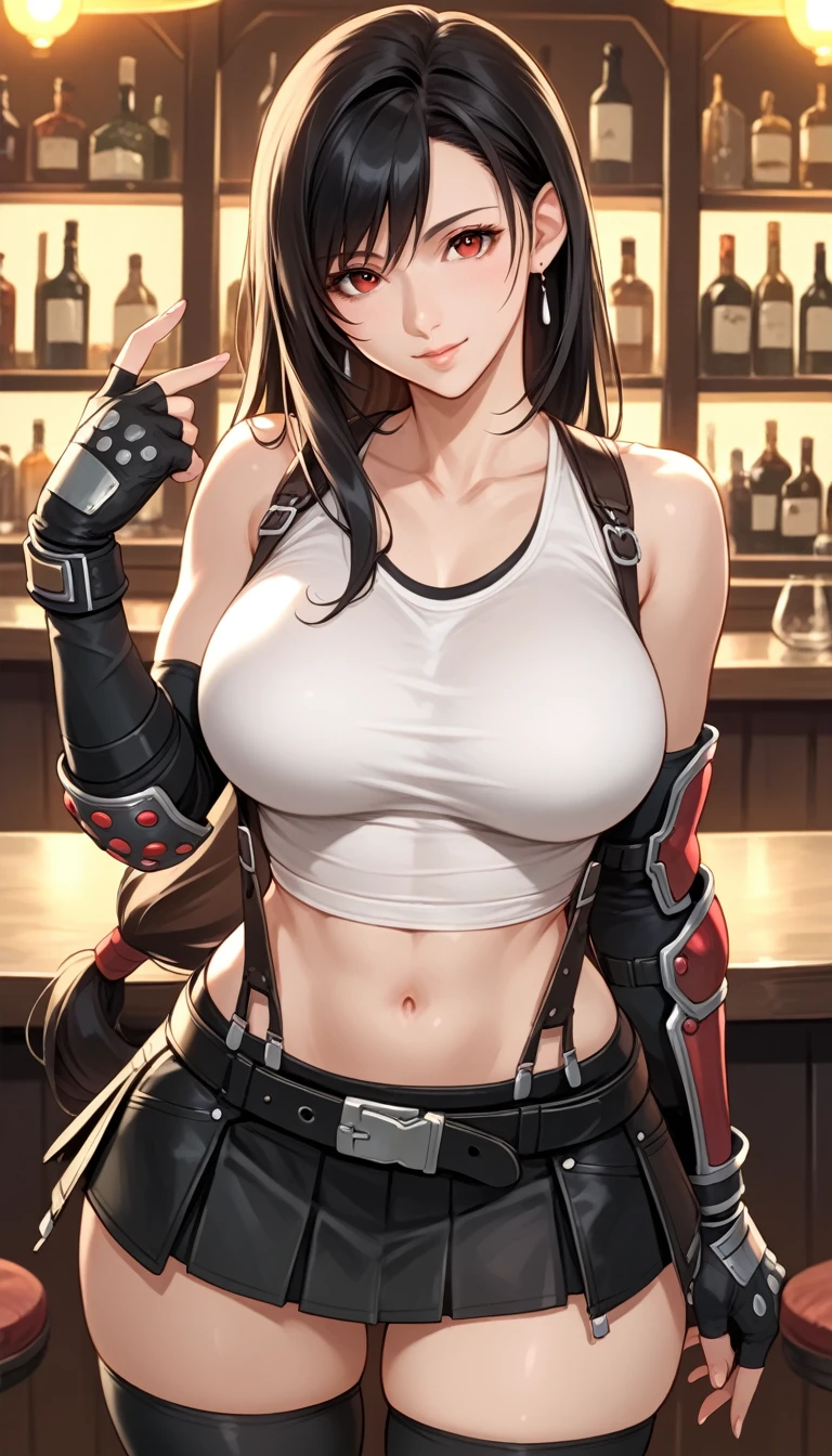 Izayoi Seishin artstyle, (score_9, score_8_up, score_7_up), (best quality, masterpiece),perfect anatomy,(aesthetic,very aesthetic),official style, (ultra-high resolution), 1girl, tifa lockhart, final fantasy,(beautiful woman).tareme, black hair, low-tied long hair, red eyes, bangs, white tank top,gap, belt, pleated skirt, thighhighs, elbow fingerless gloves, elbow pads, midriff, navel,suspender skirt.zettai ryouiki ,(front view),straight-on,(large_breasts:1.2),Solo,mediumshot,looking_at_viewer,contrapposto, vibrant, joyful,cafe and bar, ,Framin,(,tanktop lift),