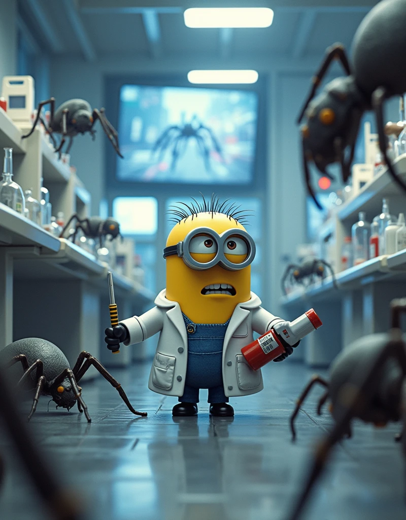 Minion Kevin wearing a scientist suit with a tense expression is fighting spiders in the lab, use tools such as screwdrivers, hammer, and fire extinguishers to fight them. Spiders surround Kevin, while he attempts to protect important scientific equipment.A modern laboratory with bright lights, nhiều màn hình hiển thị hình ảnh trực tiếp từ một thành phố đang bị tấn công bởi nhện khổng lồ. there are scientists lying down 
