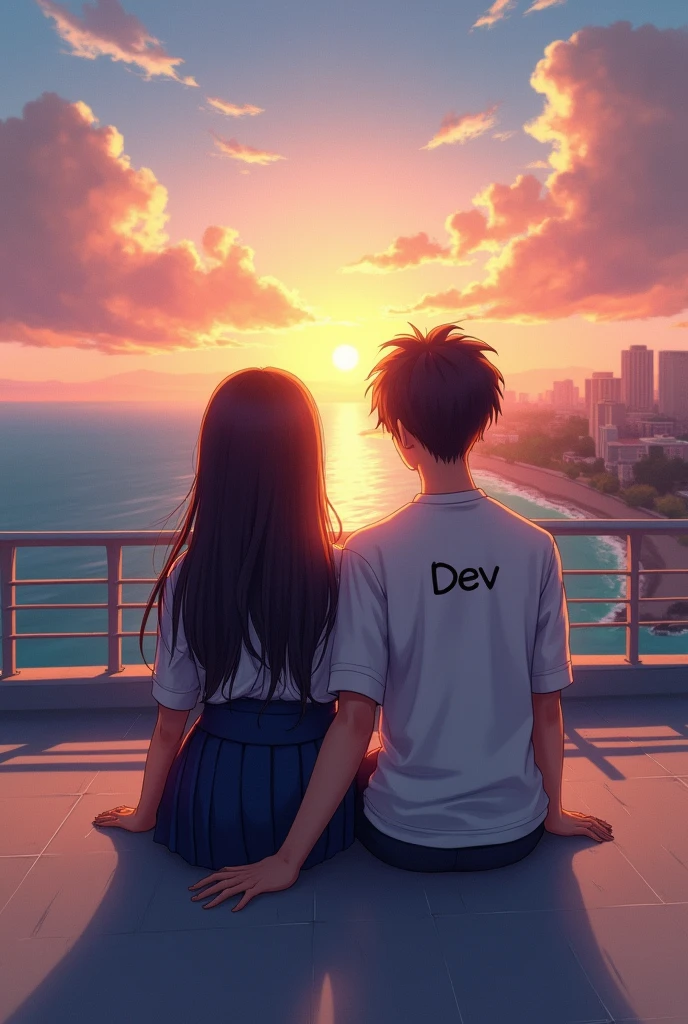 Image 
A boy and a girl, girl's head on the shoulder of boy, sitting on a high roof in night and watching the city. City being lightened and busy . View from the roof , cars running on the road, lights on the road were open .
Boy's tshirt had something written on it "Aniket" and on the tshirt of girl write "Deeksha"