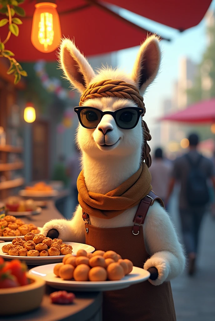 An alpaca starts a food stall。Twisted headband and thin black sunglasses