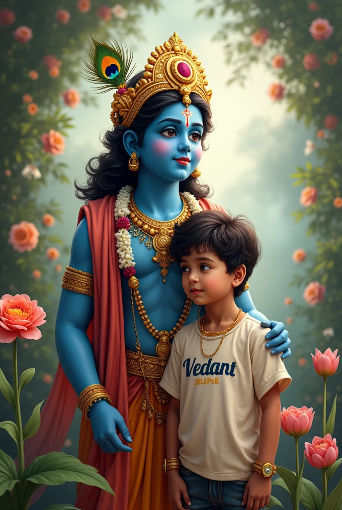 God Krishna with one boy jiske t-shirt pr vedant likha ho