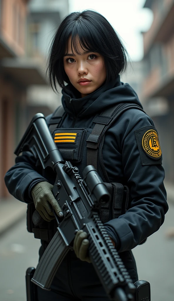 Masterpiece, high quality, best quality, beautiful, HD, realistic, perfect lighting, detailed face, detailed body, 1 woman, black hair, black eyes, feminine, beautiful detailed eyes, beautiful detailed lips, extremely detailed eyes and face, long eyelashes, 1 woman, SWAT team member, Filipina, realistic skin texture, hyperrealism, tactical gear, black automatic rifle, bulletproof vest, tactical watch, short hair, dynamic pose, in american mid-sized city, old buildings, best quality, 8k, highres, masterpiece, ultra-detailed, realistic, photorealistic, photo-realistic, HDR, UHD, studio lighting, ultra-fine painting, sharp focus, physically-based rendering, extreme detail description, professional, vivid colors, bokeh, concept art