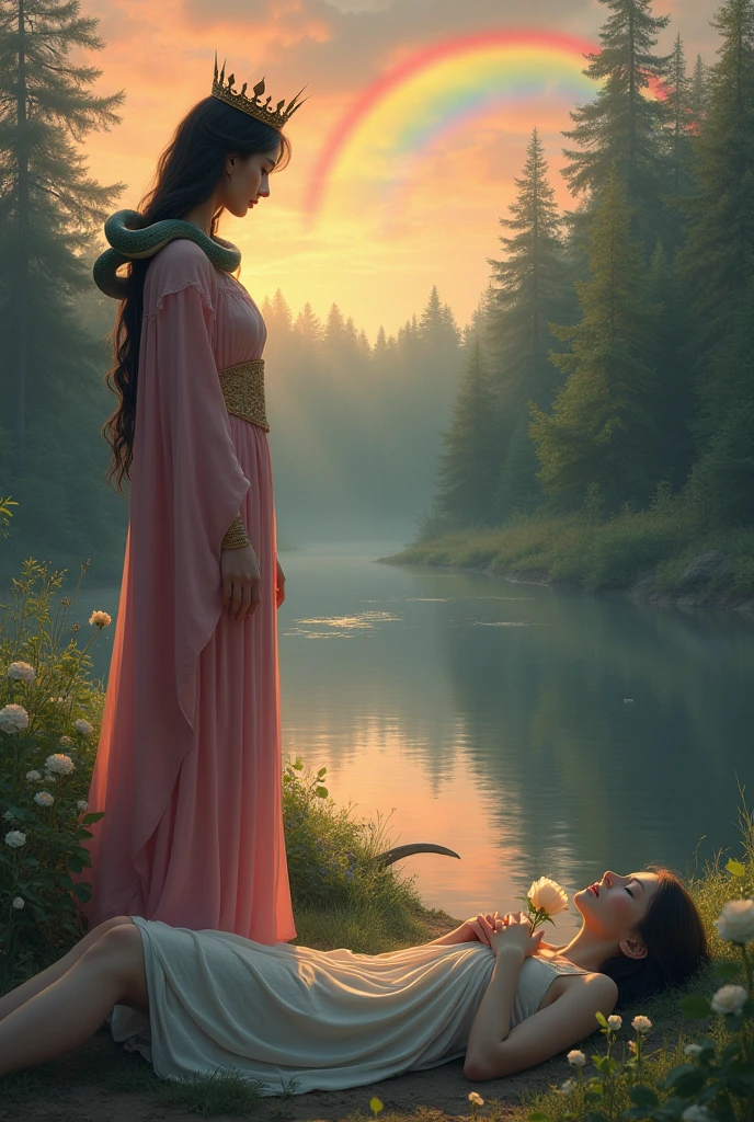 a transgender woman, white-skinned, short hair at nose level, little breast, light and light clothing, brooding, lying near the source of a calm river, with a white rose in his hands next to his chest, being watched by a beautiful black-skinned queen, long hair, with a humble crown, pink flowing clothes, Pure appearance, innocent, in the middle of the virgin forest, at dusk, with reddish and yellow sky,under a fog, with a beautiful and carefree snake on his shoulders, with the environment adorned by a beautiful rainbow