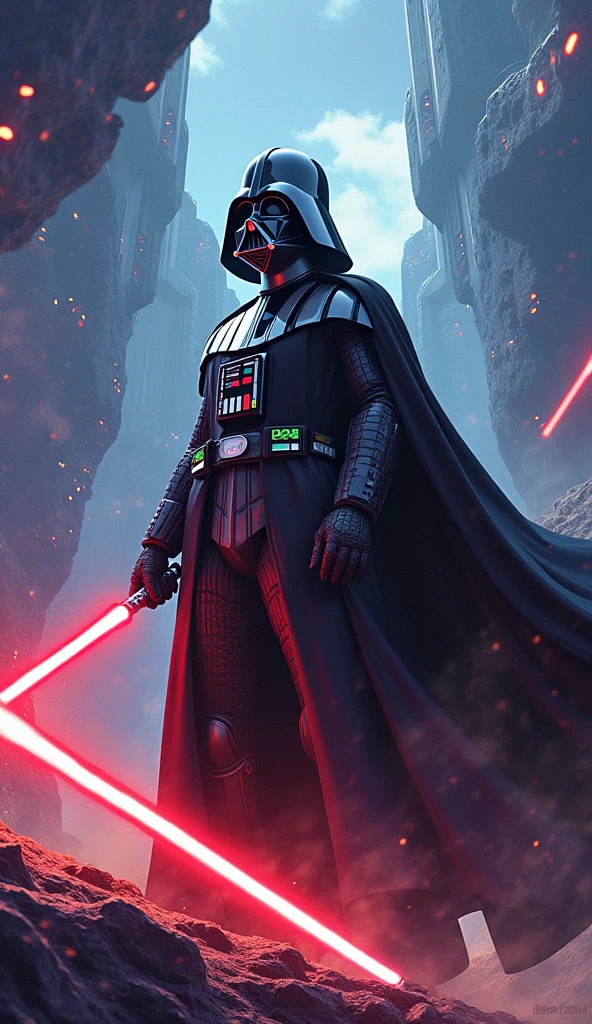 star wars poster, Darth Vader, dramatic scene, ((Expressive characters)), Future-oriented details, Energetic and ((Fascinating colors)), Dynamic configuration, star wars lightsaber