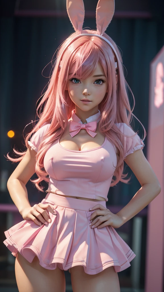 close up, (cute and sexy girl,pink hair,bunny girl:1.1,ultra-realistic,best quality,4k,highres,masterpiece:1.2),detailed lighting,anime, blue school uniformand bluepleated skirt, school background blurred, hands on hips