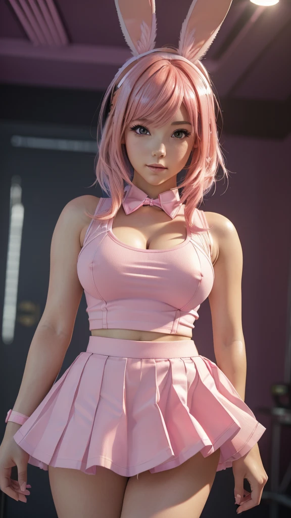 close up, (cute and sexy girl,pink hair,bunny girl:1.1,ultra-realistic,best quality,4k,highres,masterpiece:1.2),detailed lighting,anime, blue school uniformand bluepleated skirt, school background blurred, hands on hips