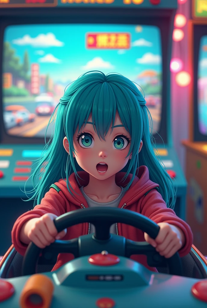 Jeune fillette au cheveux turquoise devant un simulateur voiture SEGA