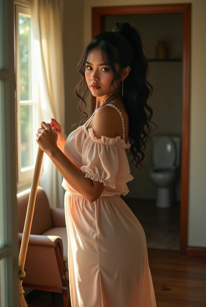 a beautiful indonesian woman, curvacious, tied hair, huge breasted, wearing sheer housedress, cleaning the house, holding broom in the living room, look at the viewer, natural light, realistic photography, wide angle shot, detailed facial features, intricate clothing folds, soft lighting, warm color tone, bathroom, photorealistic, cinematic composition, high quality, 8k, masterpiece