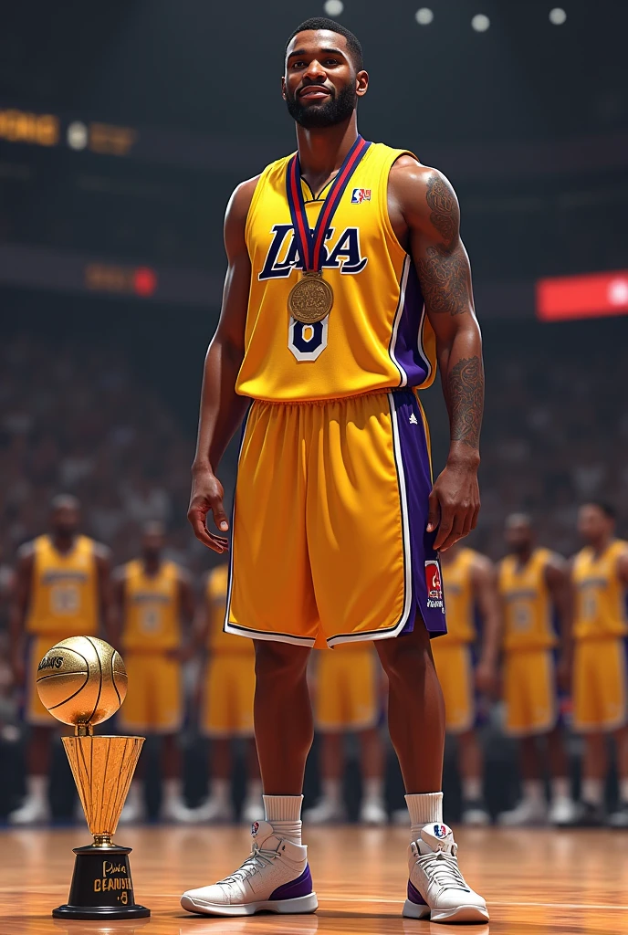 One basketball player with Lakers jersey with 8 number at back of jersey with harry name on jersey standing with usa 2012 basketball team with trophy at floor and with medal in neck