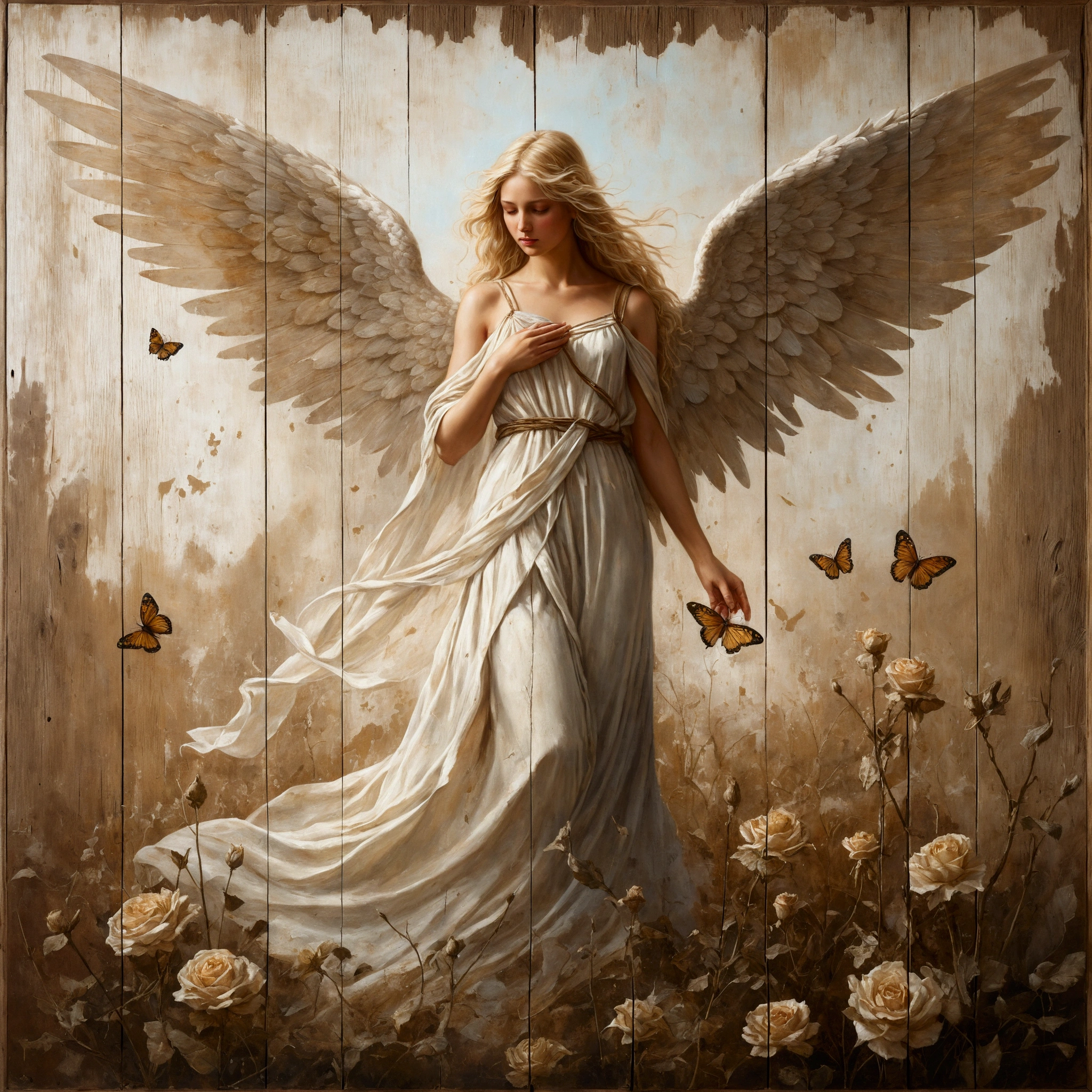 the angel is an weathered peeling image painted on an old peeling wooden sign, static, haze, cracks worn patches, weathered painted image of blonde haired angel, standing on a battle field holding a butterfly bringing life back into it weathered painting on a old wooden sign board, wearing a transparent Voile dress, wooden sign-board style, paper roses, paper wings, scroll work, designs, flacking paint dried plants, simple background, photorealistic, perfect, oilpainting, photorealistic, In a sublime portrayal, an angel draped in a pristine, luminescent cloak captivates the viewer. The ethereal being is depicted in a striking painting, which precisely highlights the angel's purity and radiance. Resplendent with heavenly beauty, the cloak glistens with a glossy sheen, reflecting divine light. The delicate feathers that adorn the angel's wings possess a remarkable softness and grace, seemingly untouched by earthly impurities. This awe-inspiring image evokes beautiful blonde girl