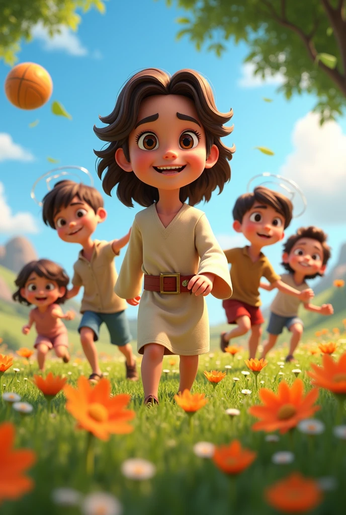 A 3D movie poster in Disney-Pixar style of Jesus as a kid he and his friends were playing with a ball