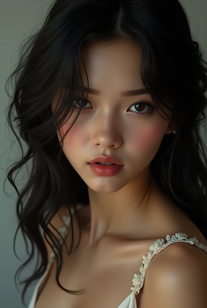 brunette woman, black hair. round face, thick lips, eyes and long eyelashes