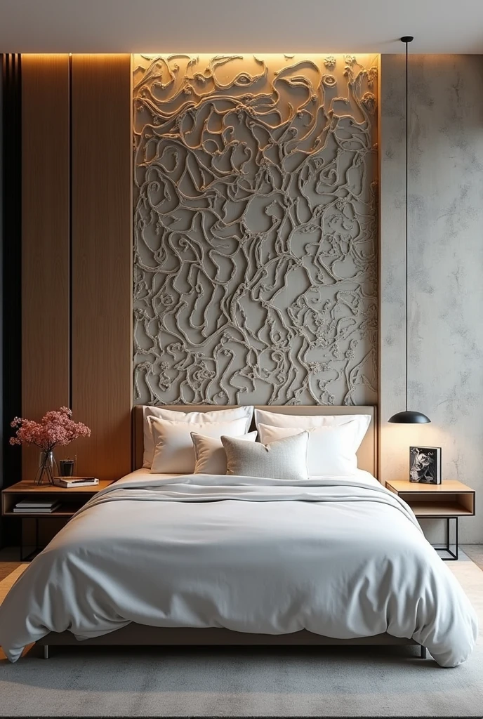 Modern bedroom design
Backboard should have a design
More complex
There should be 3/4 backborad and 1/4 wooden design on left
make the backborad more unique
Make the backborad 3/4 
More unique
Backborad should be complex and high