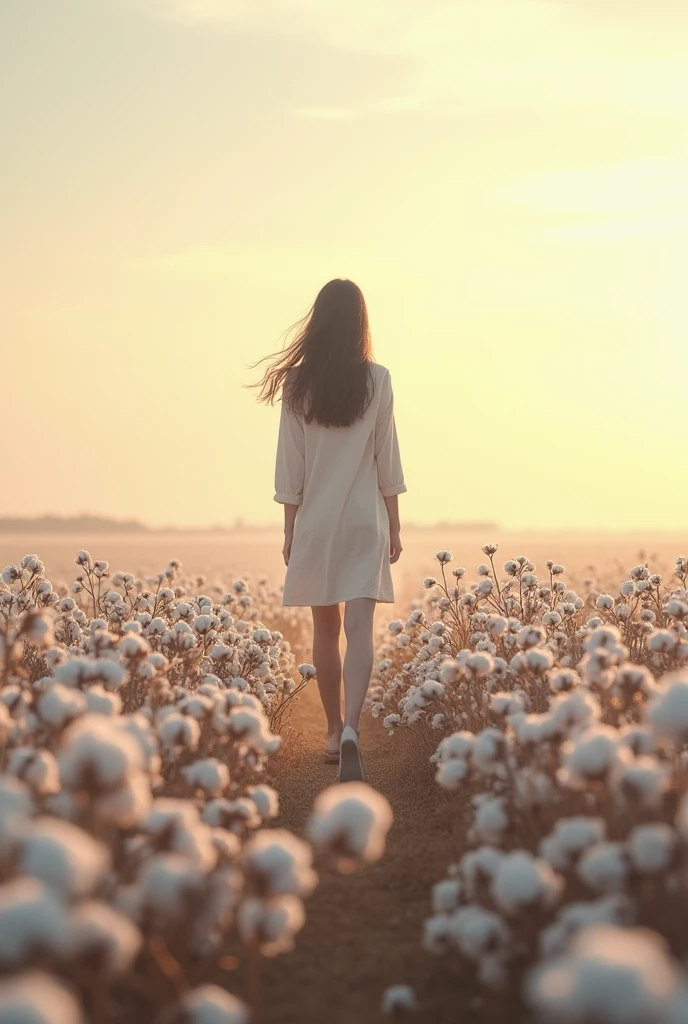 Create an image of a woman from behind walking in a cotton field