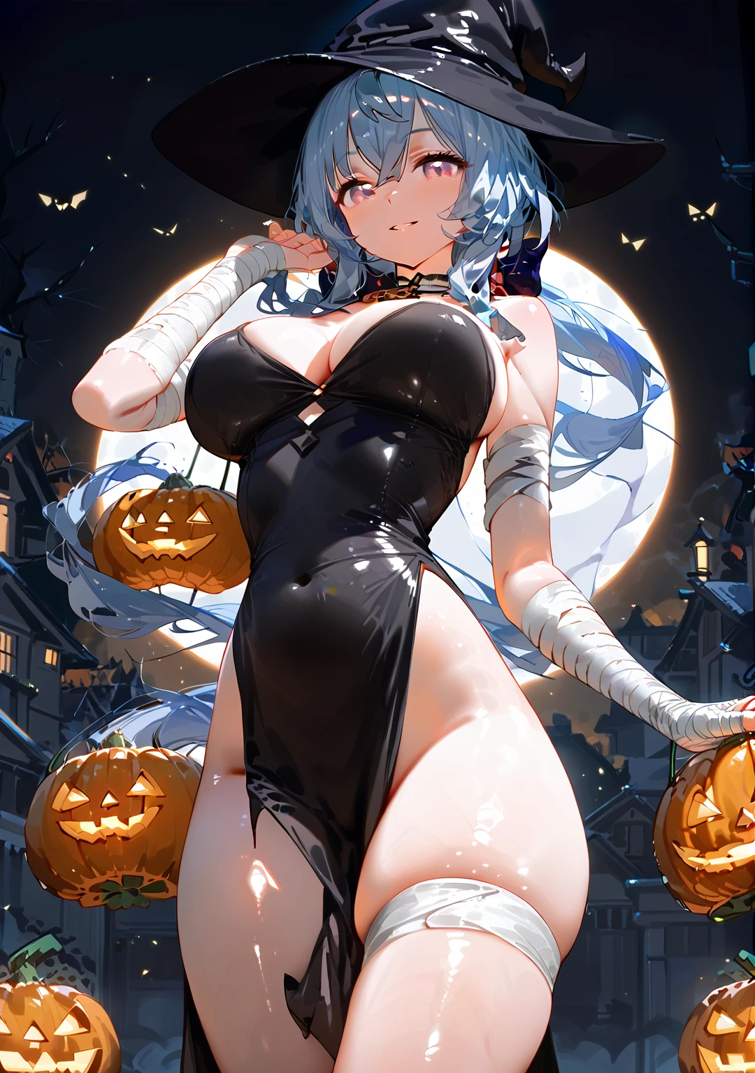 Highest quality, Highest quality, High quality illustrations, masterpiece, Ultra-high resolution, Detailed Background, Absurd, Perfect Anatomy, performance, Good lighting, Shadows in the movies, 1 girl, solo, ganyu \(genshin impact\), Purple eyes, long hair, light blue hair, long ponytail, Brownish horns, alternate costume, large breasts, mummy costume, bandages, bandages in the crotch, bandaged leg, naked bandage, bandaged arm, navel, cleavage, bare shoulders, thighs, parted lips, choker, blur hair flower, stomach, looking at viewer, hand up, blush, smile, halloween, jack-o'-lantern, pumpkin, ghost, (((neon theme))), dark theme, bewitching thighs, gleaming, shiny, shiny skin, shiny outfit, two beautiful legs
