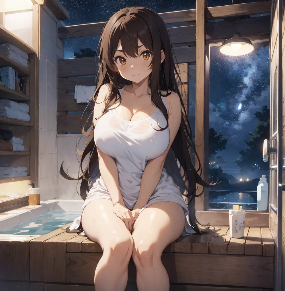 2 female, brown long messy anime hair, huge breast, thick legs, brown eyes, thick eyebrows, towel, shower tub, sitting, night sky, midnight