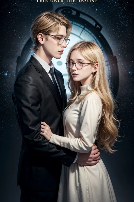 Romance book cover, with the name Flow of time silhouette of a young adult couple Tall blond boy, wears glasses girl has long black hair and she wears glasses Background with universe depicting time
