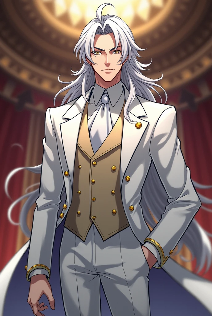 pixiv fanbox, official art, trending on artstation, digital art, divine,1boy, abs, dark skin, green eyes, white hair, long hair, suit, tuxedo, elegant,