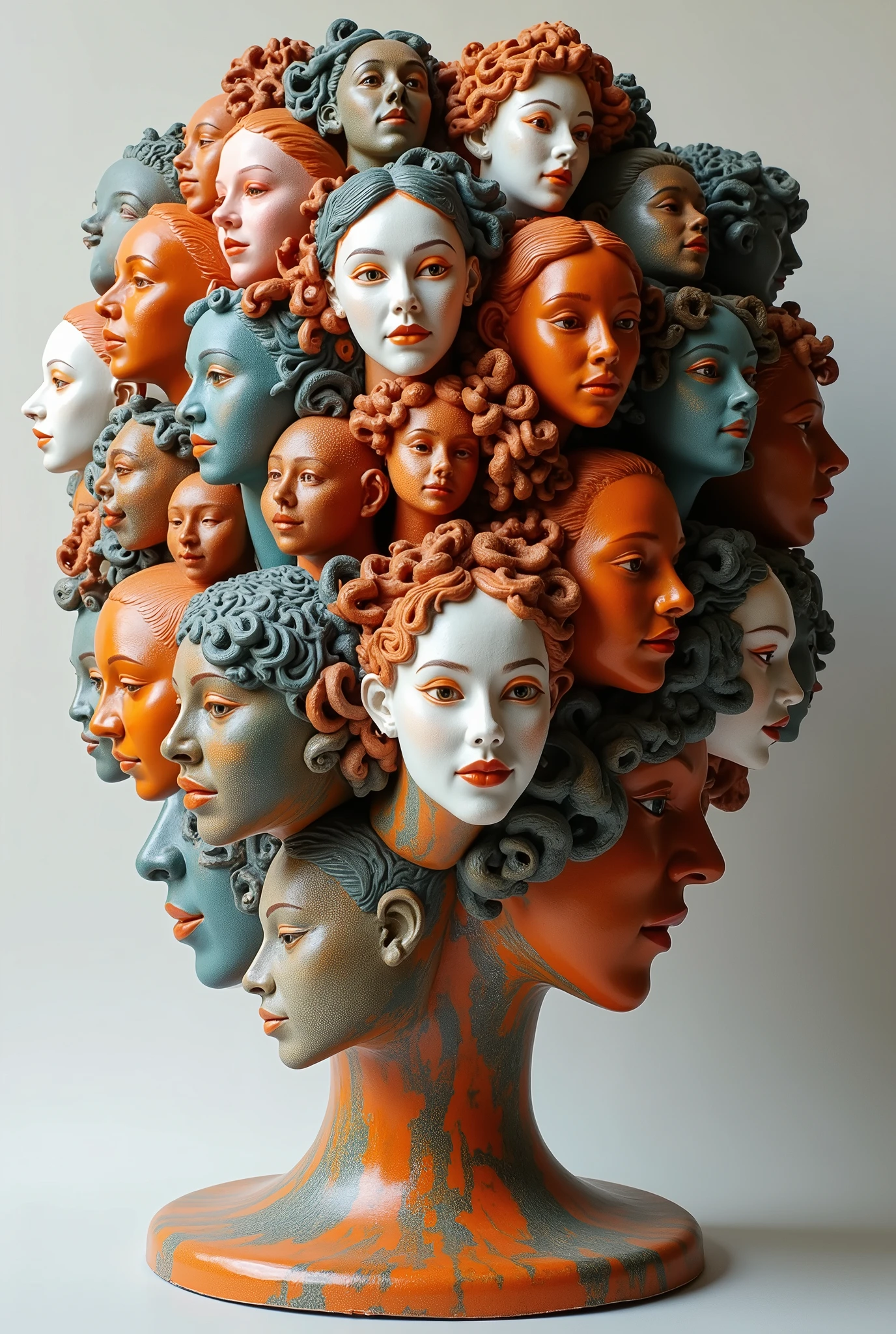 Expressionist artwork images of multiple floating ceramic heads of puerto rican women, 3d collage style, make it weird and gallery worthy