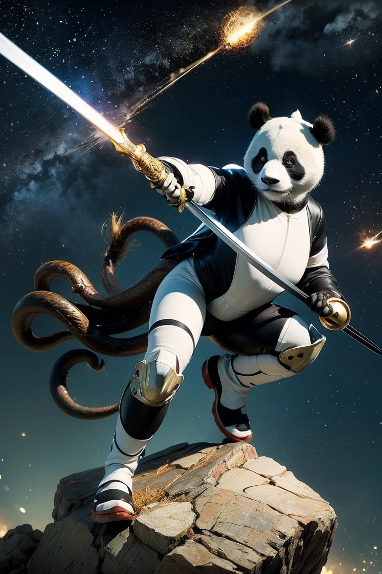 Highest quality, masterpiece, Realistic, High resolution, 8K RAW Photos, 1 person、Long Hair、goddess、Holding a decorated sword、Raise your sword、Glamour、(White bodysuit with panda motif、Gold Edge)、pendant、Earrings、(Action pose)、(On a rock on a planet where you can see a meteor shower)、(Many tentacles floating in the starry sky）、Panda Shield、Panda Missile、Panda Sword、Panda Armor、Attack with Panda、パンダの戦闘goddess、horn、