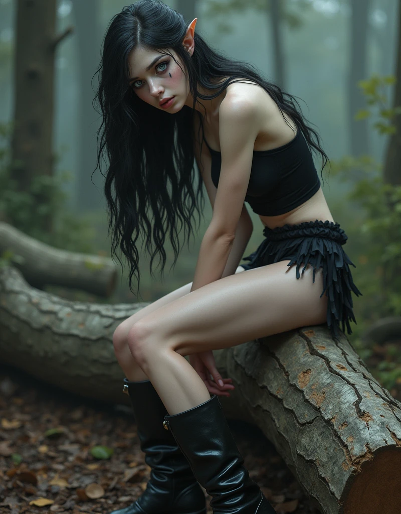 realistic 13-years-old girl photos with long hair (goth), Cute face, squatting, Slender body, skinny open legs, Thin ankles, thin-waist, lingerie, shower